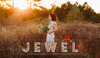Woman holding flowers in a field with 'Jewel' lightroom presets text overlay