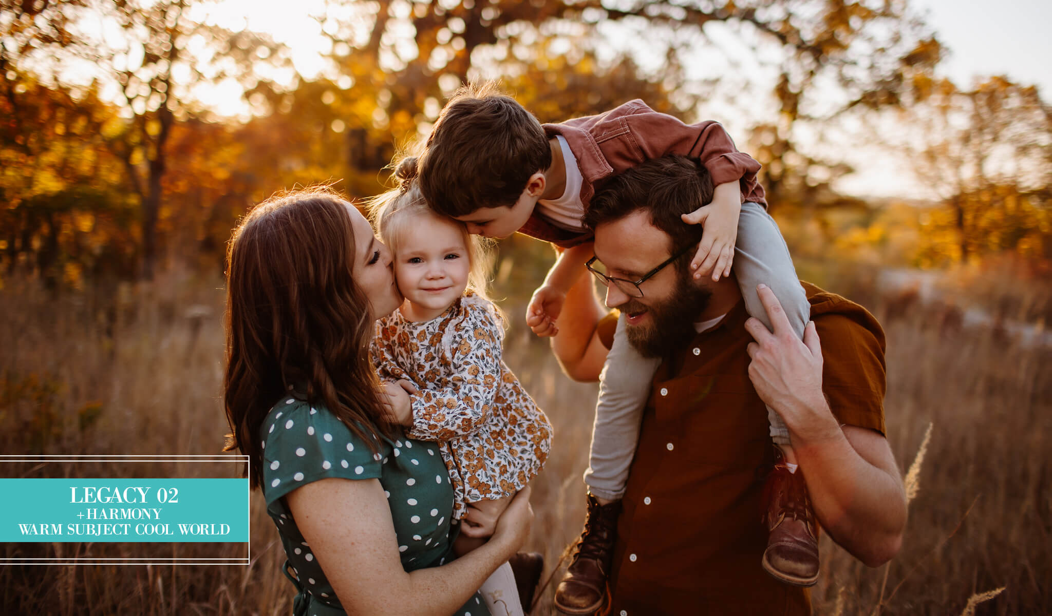 A family of four in an outdoor field at sunset edited with Legacy Lightroom Presets from Pretty Presets