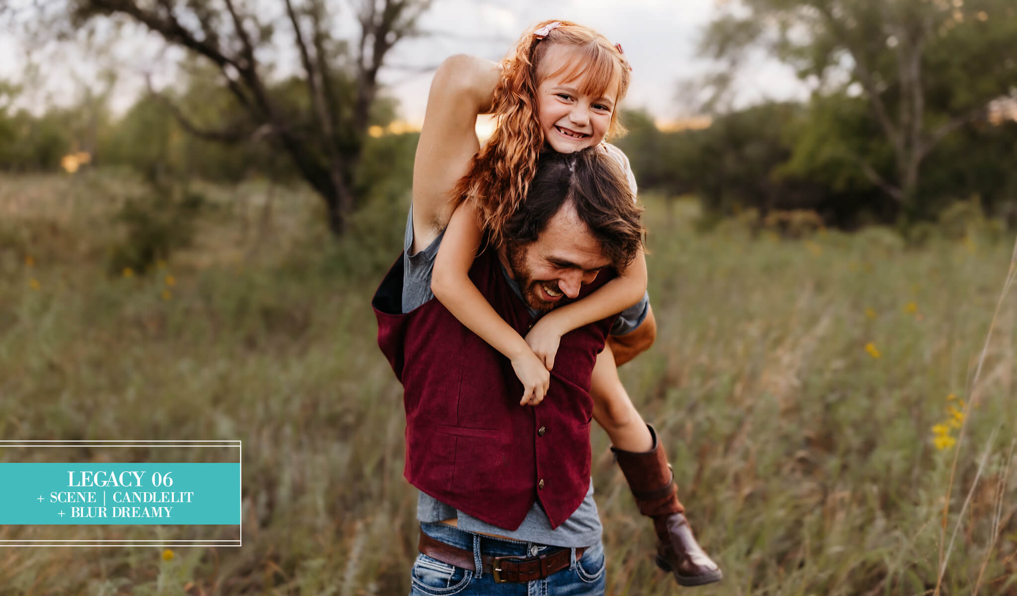 A father carrying his smiling daughter on his back in an outdoor grassy field at sunset, edited with Legacy Lightroom Presets from Pretty Presets