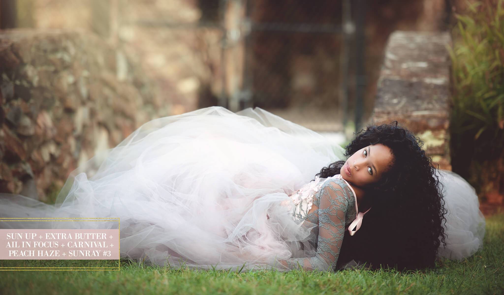 photo of a young lady in a beautiful dress edited with creamy Pastel Photoshop Actions from Pretty Actions